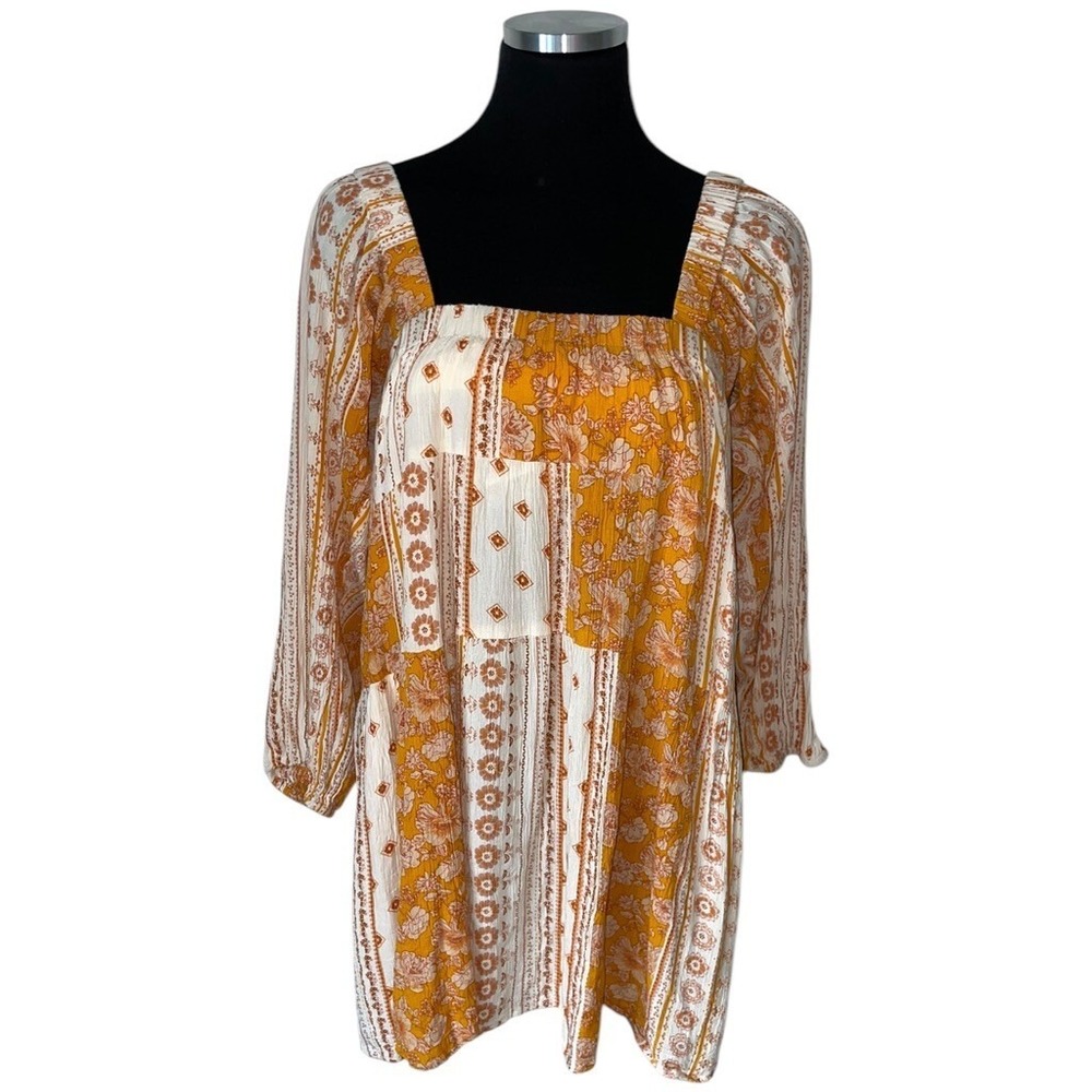 Babydoll Tunic Jr Sz L‎ Patchwork Top Tiered Yellow Hippie Boho Floral Long